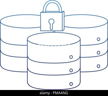 degraded outline data network server and closed padlock Stock Vector