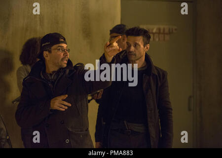 (L to R) Writer/director JAMES DEMONACO and FRANK GRILLO as Leo on the set of 'The Purge: Anarchy Stock Photo