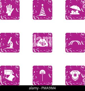 Newborn party icons set, grunge style Stock Vector