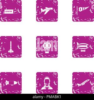 Departure icons set, grunge style Stock Vector