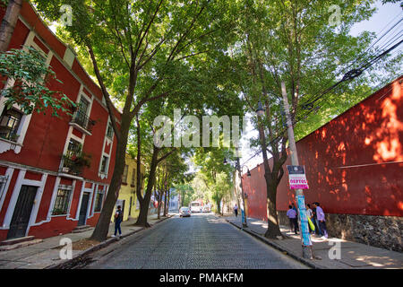 Coyoacan, Mexico City, Mexico-20 April, 2018: Beautiful Coyoacan streets and houses in historic district that hosts Frida Khalo museum and is favoured Stock Photo