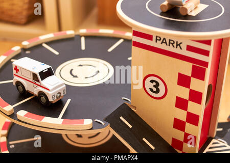 wood cars toy parking garage Stock Photo