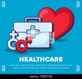 Infographic of healthcare concept with first aid kit and gender symbols icon over blue background, colorful design. vector illustration Stock Vector