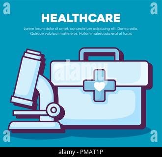 Infographic of healthcare concept with first aid kit and microscope icon over blue background, colorful design. vector illustration Stock Vector