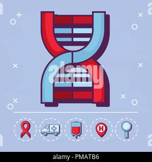 DNA chain and medical related icons over purple background, vector illustration Stock Vector