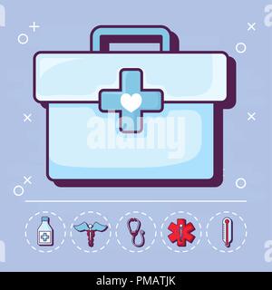 first aid kit and medical related icons around over blue background, vector illustration Stock Vector