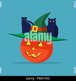 Halloween pumpkin with a hat, cat and owl Stock Vector