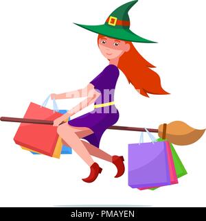 Witch on a flown broom with packages for purchases Stock Vector