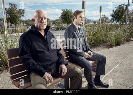 Jonathan Banks as Mike Ehrmantraut and Bob Odenkirk as Jimmy McGill - Better Call Saul Season 2, Photo Credit:  Ben Leuner/AMC Stock Photo