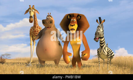 (Left to right)  Melman the giraffe (DAVID SCHWIMMER), Gloria the hippo (JADA PINKETT SMITH), Alex the lion (BEN STILLER) and Marty the zebra (CHRIS ROCK) get their first glimpse of the African savanna and its thousands of inhabitants in DreamWorks’ “Madagascar: Escape 2 Africa.”   'Madagascar: Escape 2 Africa' (2008) DreamWorks Animation L.L.C Stock Photo