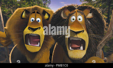 Like father, like son: Alex the lion (left, BEN STILLER) and his father, alpha lion Zuba (right, BERNIE MAC) share a family resemblance and an astounding moment in DreamWorks’ “Madagascar: Escape 2 Africa.”   'Madagascar: Escape 2 Africa' (2008) DreamWorks Animation L.L.C Stock Photo