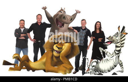 (Left to right)  The filmmakers-and some of the zoosters-from “Madagascar: Escape 2 Africa” are directors ERIC DARNELL and TOM McGRATH; Alex the lion (seated, as voiced by BEN STILLER); Gloria the hippo (standing, as voiced by JADA PINKETT SMITH); producers MARK SWIFT and MIREILLE SORIA; and Marty the zebra (as voiced by CHRIS ROCK) in DreamWorks’ “Madagascar: Escape 2 Africa.”   'Madagascar: Escape 2 Africa' (2008) DreamWorks Animation L.L.C Stock Photo