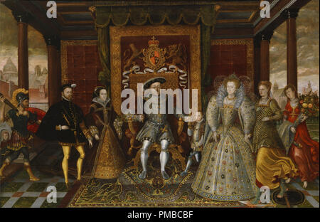 An Allegory of the Tudor Succession: The Family of Henry VIII. Date/Period: Ca. 1590. Painting. Oil on panel. Height: 1,143 mm (45 in); Width: 1,822 mm (71.73 in). Author: UNKNOWN. Stock Photo