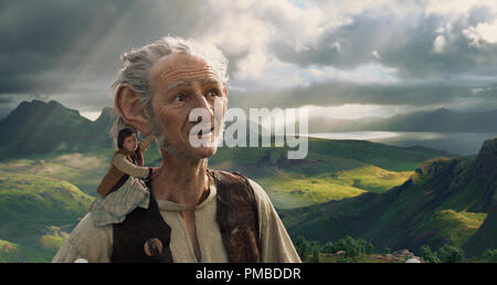 In Disney's fantasy-adventure THE BFG, directed by Steven Spielberg and based on Roald Dahl's beloved classic, a precocious 10-year old named Sophie (Ruby Barnhill) befriends the BFG (Oscar (TM) winner Mark Rylance), a Big Friendly Giant from Giant Country. Stock Photo