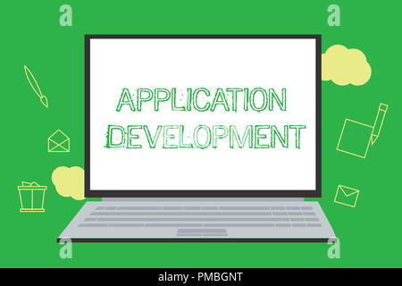 Conceptual hand writing showing Application Development. Business photo showcasing creation of Computer Apps for use on Mobile Devices. Stock Photo