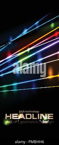 Retro neon glowing colorful laser beams abstract flyer cover. Shiny stripes tech vector background Stock Vector