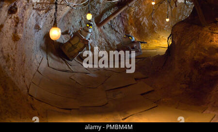 (L to R) Boxtrolls Fish and Shoe zoom down the cardboard tunnel in LAIKA and Focus Features' family event movie THE BOXTROLLS Stock Photo