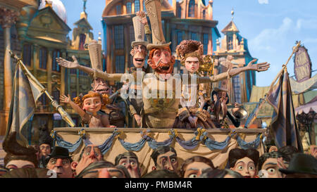 Lord Portley-Rind (center, voiced by Jared Harris), the aristocratic mayor of Cheesebridge in LAIKA and Focus Features' family event movie THE BOXTROLLS Stock Photo