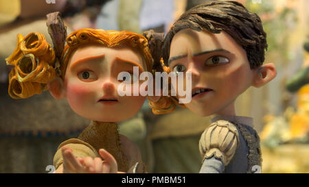 (L to R) Winnie (voiced by Elle Fanning) and Eggs (voiced by Isaac Hempstead Wright) in LAIKA and Focus Features' family event movie THE BOXTROLLS Stock Photo