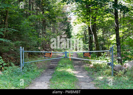 A locked metal gate on a forest road leading to private property in the Adirondack Mountains, NY, USA Stock Photo