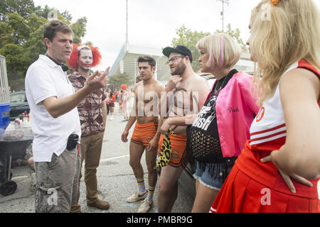 (L to R) Director NICHOLAS STOLLER, IKE BARINHOLTZ as Jimmy, ZAC EFRON as Teddy, SETH ROGEN as Mac, CARLA GALLO as Paula and ROSE BYRNE as Kelly on the set of 'Neighbors 2: Sorority Rising,' the follow-up to 2014's most popular original comedy. Stock Photo