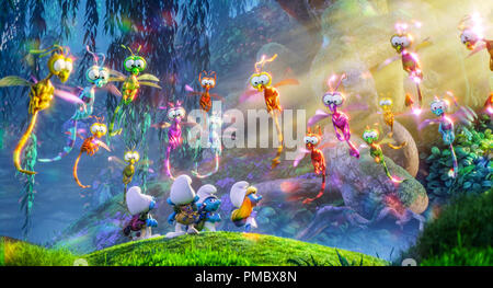 Clumsy (Jack McBrayer), Brainy (Dany Pudi), Hefty (Joe Manganiello) and Smurfette (Demi Lovato) in the Forbidden Forest in Columbia Pictures and Sony Pictures Animation's SMURFS: THE LOST VILLAGE. (2017) Stock Photo
