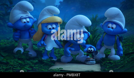 Clumsy (Jack McBrayer), Smurfette (Demi Lovato), Brainy (Danny PudI) and Hefty (Joe Manganiello) in Columbia Pictures and Sony Pictures Animation's SMURFS: THE LOST VILLAGE. (2017) Stock Photo