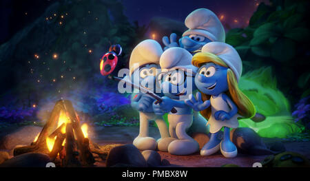 Hefty (Joe Manganiello), Brainy (Danny Pudi), Clumsy (Jack McBrayer) and Smurfette (Demi Lovato) use Snappy to take a selfie in Columbia Pictures and Sony Pictures Animation's SMURFS: THE LOST VILLAGE. (2017) Stock Photo