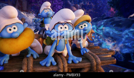 Clumsy (Jack McBrayer), Hefty (Joe Manganiello), Brainy (Danny Pudi) and Smurfette (Demi Lovato) river rafting in Columbia Pictures and Sony Pictures Animation's SMURFS: THE LOST VILLAGE. (2017) Stock Photo