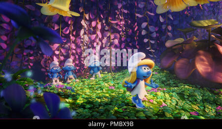 Brainy (Dany Pudi), Clumsy (Jack McBrayer), Hefty (Joe Manganiello) and Smurfette (Demi Lovato) in Columbia Pictures and Sony Pictures Animation's SMURFS: THE LOST VILLAGE. (2017) Stock Photo