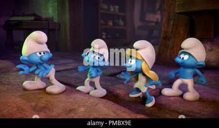 Clumsy (Jack McBrayer), Brainy (Danny Pudi), Smurfette (Demi Lovato) and Hefty (Joe Manganiello) in Columbia Pictures and Sony Pictures Animation's SMURFS: THE LOST VILLAGE. (2017) Stock Photo