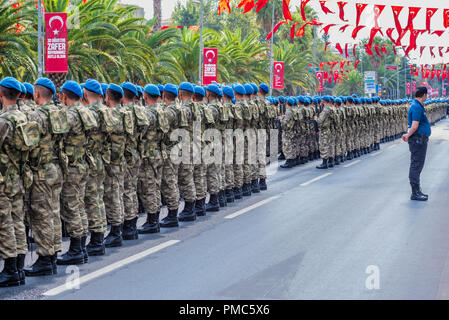 Turkish soldiers wait for Military parade at Turkish 30 August Victory day.Soldiers in formation in Istanbul,Turkey. Stock Photo