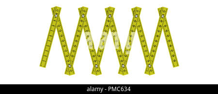 Carpenter folding ruler. Yellow wooden meter isolated cutout on white background, banner. 3d illustration Stock Photo