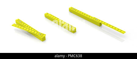 Carpenter folding rulers. Yellow wooden meters isolated on white background, banner. 3d illustration Stock Photo
