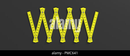 Carpenter folding ruler. Yellow wooden meter isolated cutout on black background, banner. 3d illustration Stock Photo