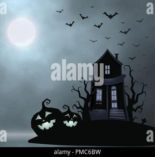 Ghost old house, mistery place, halloween vector illustration. Smile pumpkin, dry tree, bats flock, full moon, foggy night sky. Stock Vector