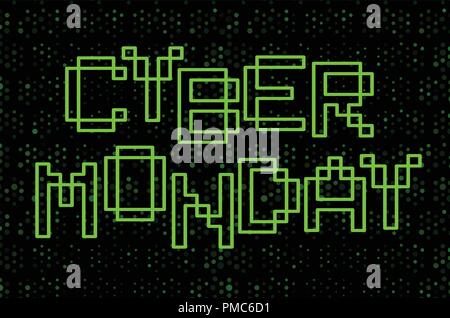 Cyber Monday text design. Green Contour letters on black background. Promo poster template, vector illustration. Stock Vector