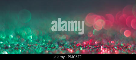 abstract defocused round shaped green and red lights on black background. Free space for text. Background for Landing. Stock Photo