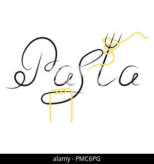 Noodles Silhouette. Italian Spaghetti or Boiled Pasta. Stylized Lettering on White Background. Stock Vector