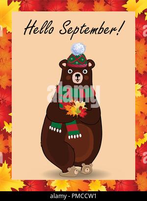 Vector cartoon character illustration of cute bear in green knitted scarf and hat holding maple leaves bouquet in paws framed with colored autumn bord Stock Vector