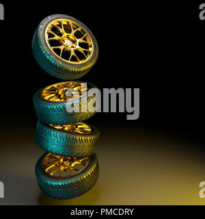 tires with golden rims 3d renderig image Stock Photo