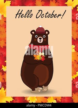 Hello october typography design card. Vector cartoon character illustration of cute bear in red knitted scarf and hat holding maple leaves bouquet in  Stock Vector
