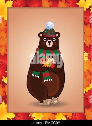 Vector cartoon character illustration of cute bear in knitted scarf and hat with maple leaves in paws framed with fallen autumn leaf border frame. Gre Stock Vector