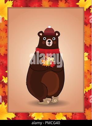 Vector cartoon character illustration of cute bear in knitted scarf and hat with maple leaves in paws framed with fallen autumn leaf border frame. Gre Stock Vector