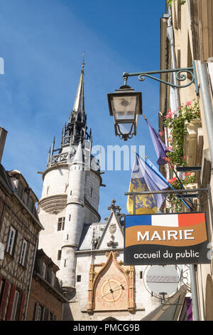 Mairie sign and clock tower, old town in Auxerre, Burgundy, France, Europe Stock Photo