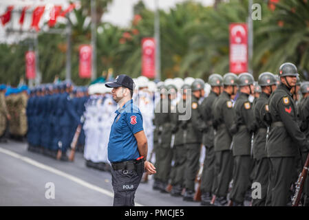 Turkish police officers waits for Military parade at Turkish 30 August Victory day.Soldiers in formation in Istanbul,Turkey.30 August 2018 Stock Photo