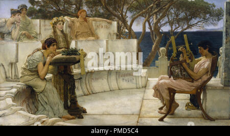Sappho and Alcaeus. Date/Period: 1881. Oil paintings; panel paintings. Oil on panel oil on panel. Height: 104.14 mm (4.10 in); Width: 122 mm (4.80 in). Author: Sir Lawrence Alma-Tadema, R. A., O. M.ALMA-TADEMA, LAWRENCE. ALMA-TADEMA, SIR LAWRENCE. Stock Photo