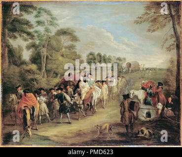 Soldiers on the March. Date/Period: 18th century. Painting. Oil on canvas Oil. Height: 498 mm (19.60 in); Width: 622 mm (24.48 in). Author: After Watteau, Jean-Antoine. ANTOINE WATTEAU. Stock Photo
