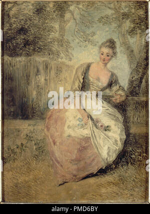 L'Amante inquiète. Date/Period: From 1717 until 1720. Painting. Oil on panel. Height: 24 cm (9.4 in); Width: 17.5 cm (6.8 in). Author: ANTOINE WATTEAU. WATTEAU, ANTOINE. Watteau, Jean Antoine. Stock Photo