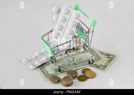 Shopping cart with medicine pills on money - Pharmaceutical cost concept Stock Photo